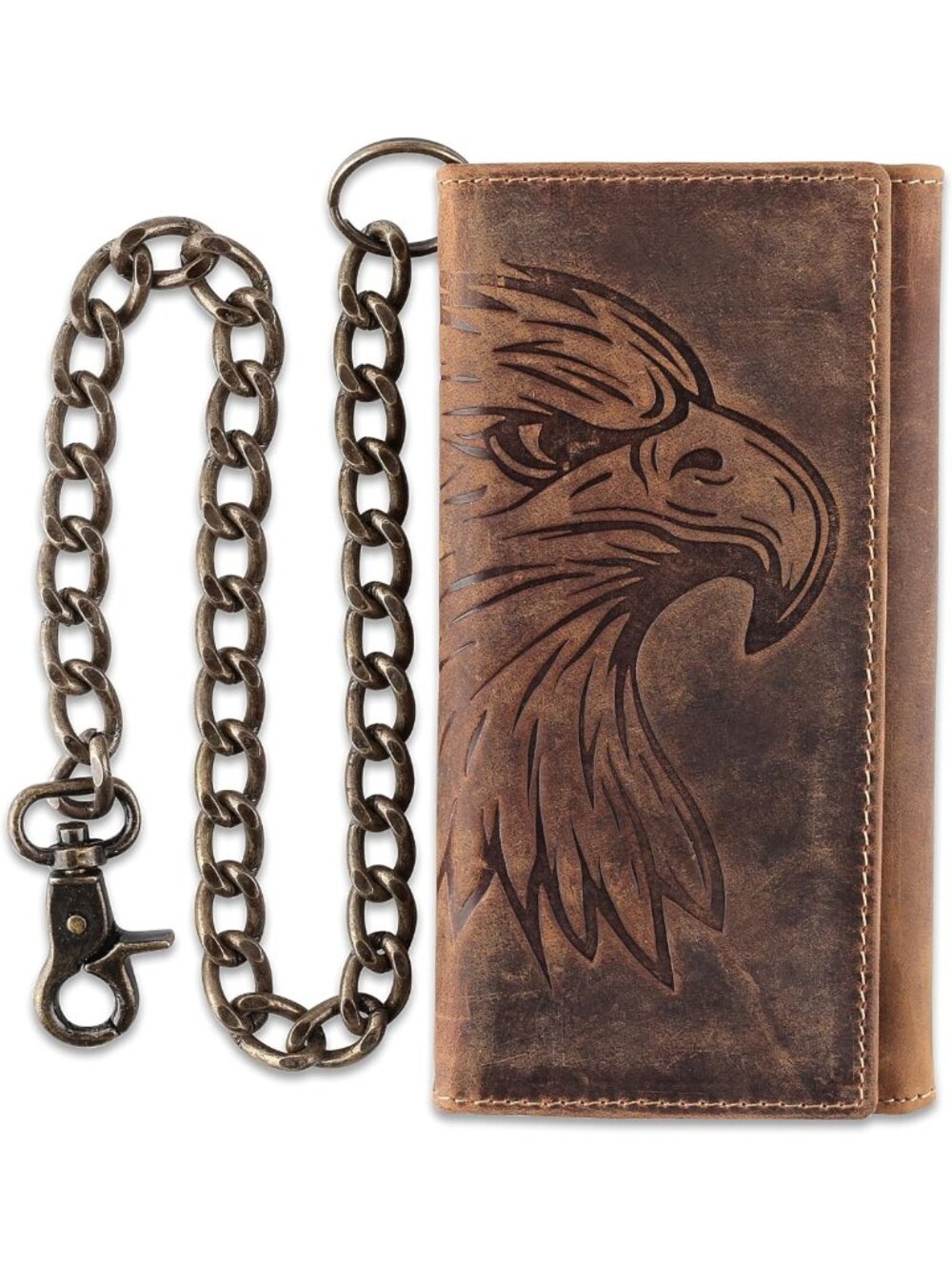 Classic RFID Blocking Men's Tri-Fold Leather Wallet with Steel Chain, Brown
